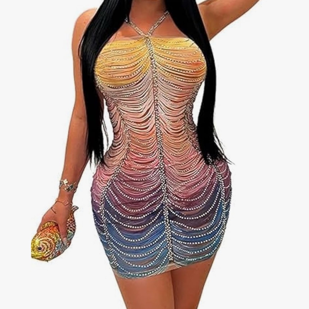 Multicolor rhinestone mini dress